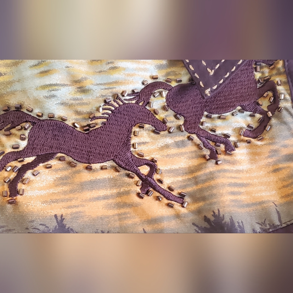 Vintage Brown Reba Beaded Western Rodeo Horses Button Down Long Sleeve Shirt Med - Picture 5 of 12